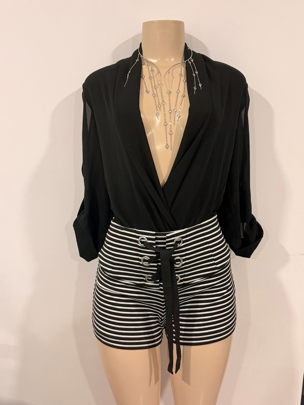Guess Black and White Striped Lace-Up Shorts Y2K